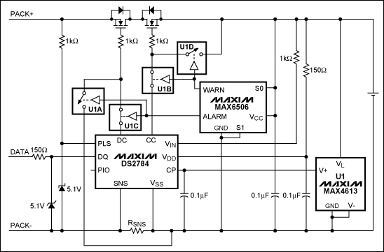 圖1. 在DS2784應(yīng)用電路中加入MAX6506和MAX4613實(shí)現(xiàn)可編程的熱保護(hù)(開關(guān)U1A-U1D表示MAX4613內(nèi)的4個開關(guān))。