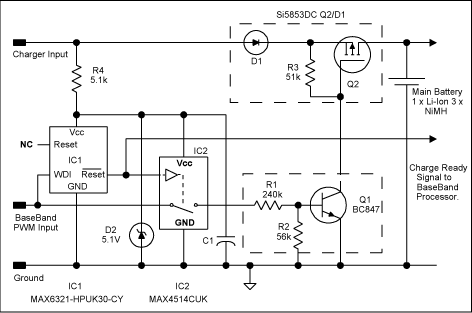 圖2、在圖1電路中添加IC1、IC2，在處理器停止工作時提供電池保護。