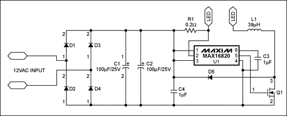 圖1. 采用MAX16820 LED驅動器構建的5W MR16 LED燈驅動電路，圖中LED為LedEngin的5W WLED。