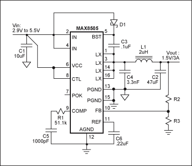 圖1. MAX8505內(nèi)置開關(guān)的降壓調(diào)節(jié)器