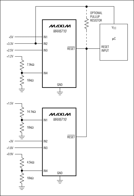圖1. 利用兩片漏極開路輸出的多電壓監(jiān)控器監(jiān)控8路電壓，提供單個復(fù)位輸出。