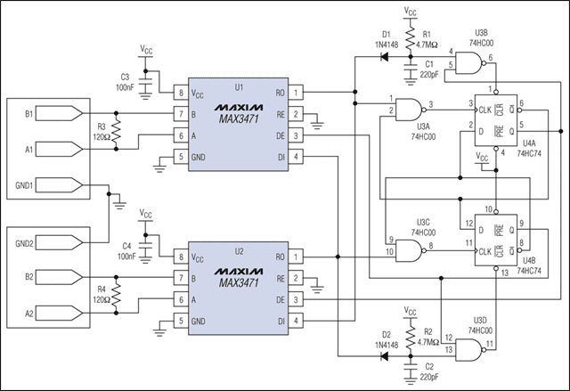 圖1. 待機(jī)電流只有3μA的RS-422中繼器。