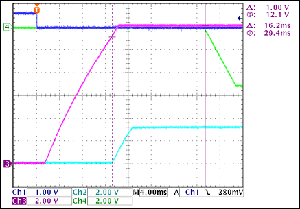 圖3. +3.3V至-5V接通延時(shí)，沒(méi)有負(fù)載Ch1 = Q8BASE, Ch2 = +3.3VOUT, Ch3 = +12VOUT, Ch4 = -5VOUT注釋：+3.3VOUT和-5VOUT之間有16.2ms延時(shí)。