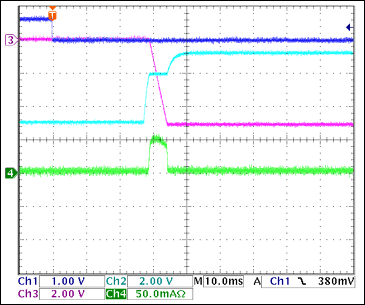 圖11. -5V接通波形，沒(méi)有負(fù)載Ch1 = Q8BASE, Ch2 = -5VGATE, Ch3 = -5VOUT, Ch4 = IIN(-5V) 注釋：IIN(PK) = 55mA，對(duì)輸出電容充電。