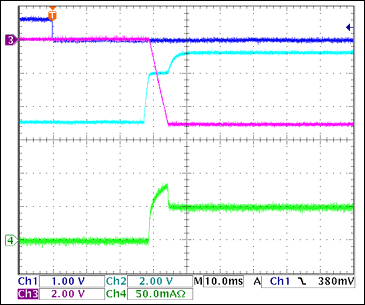 圖10. -5V接通波形，100Ω阻性負(fù)載 = 50mA Ch1 = Q8BASE, Ch2 = -5VGATE, Ch3 = -5VOUT, Ch4 = IIN(-5V) 注釋：-5V擺率大約為1V/ms。