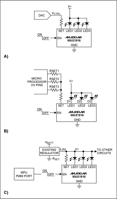 圖5. MAX1916驅(qū)動白光LED時的三種電流調(diào)節(jié)方法。