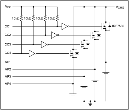圖1. DS2714應(yīng)用電路，圖中利用nMOS晶體管代替了pnp晶體管
