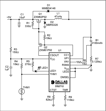 圖7. USB端口對單節(jié)NiMH電池快速充電的原理圖。