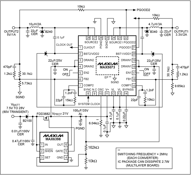 圖 6. MAX5073 2MHz buck轉(zhuǎn)換器配合MAX6398保護(hù)開關(guān)的典型電路，該設(shè)計(jì)具有高性能以及較高的抗干擾能力。