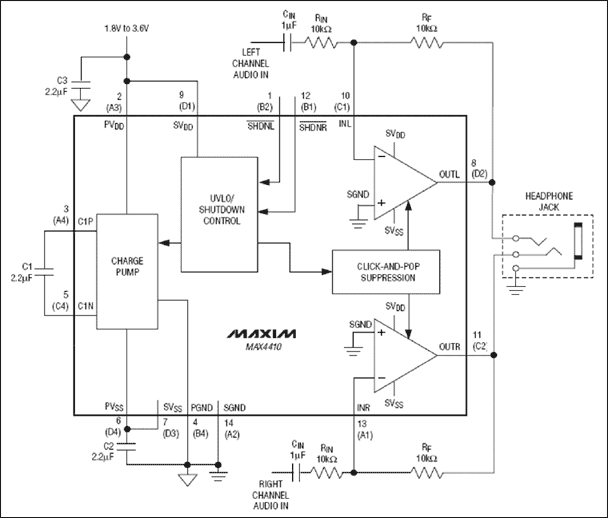 圖 2. 單電源供電耳機放大器，內(nèi)置電荷泵省去了大尺寸隔直流電容。 