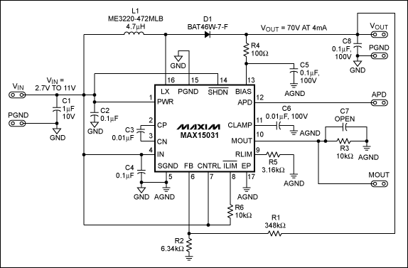 圖1. MAX15031升壓轉(zhuǎn)換器原理圖，F(xiàn)SW = 400kHz (固定)。