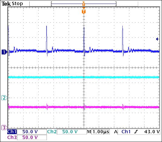 圖3. VIN = 3.3V、APD電流為4mA時的LX節(jié)點電壓(通道1)、VOUT (通道2)和APD輸出(通道3)。