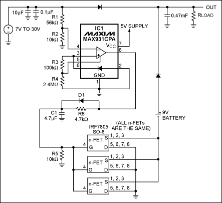 圖1. IC1 MAX931比較器用于監(jiān)測(cè)主電源電壓。當(dāng)主電源電壓下降到7.4V以下時(shí)，它可以通過將電池負(fù)端接地接通備用電池。