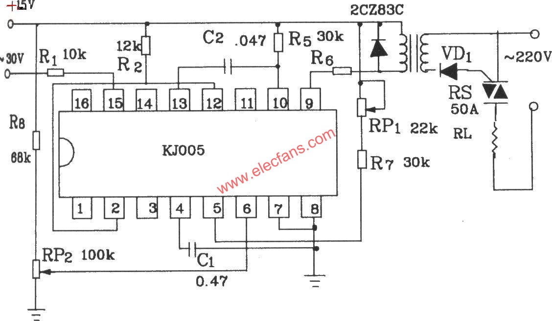 KJ005可控硅移相觸發(fā)器外電路接線(xiàn)圖  www.socialnewsupdate.com