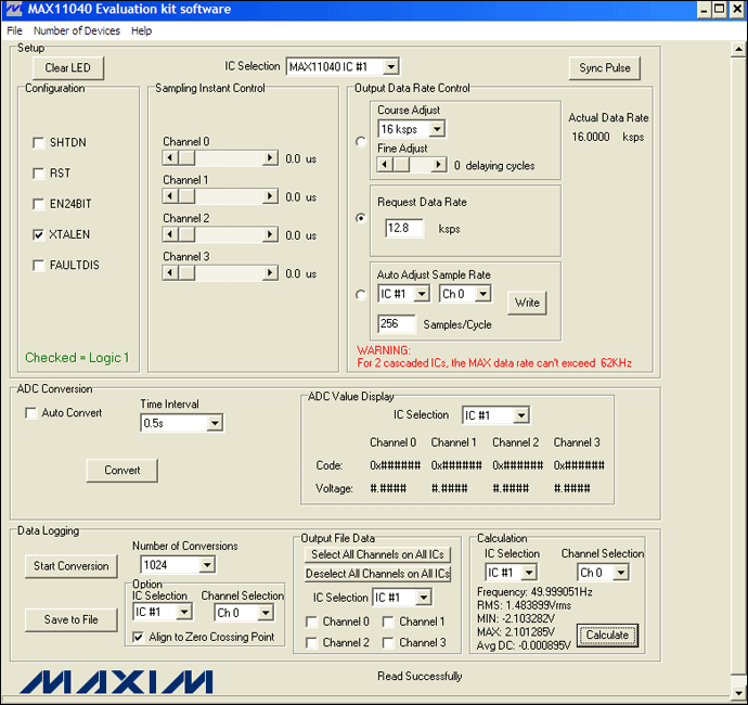 圖4. MAX11040EVKIT GUI允許用戶方便地設(shè)置各種測量條件：12.8ksps、256采樣點(diǎn)/周期和1024次轉(zhuǎn)換。此外，GUI的計(jì)算部分提供了一個(gè)進(jìn)行快速工程運(yùn)算的便捷工具。