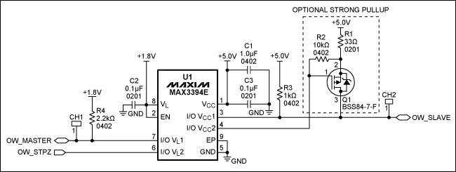 圖1. 1-Wire雙向電平(1.8V至5V)轉(zhuǎn)換器電路原理圖，注意，引腳I/O VL和I/O VCC具有10kΩ內(nèi)部上拉。