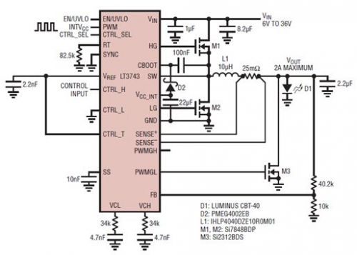 具電流受限并聯(lián)輸出的 6V 至 36V 輸入、2A LED 驅(qū)動器
