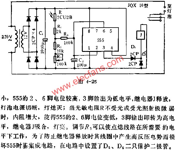 時(shí)基集成電路組成照明燈自動(dòng)點(diǎn)熄器電路圖 www.socialnewsupdate.com