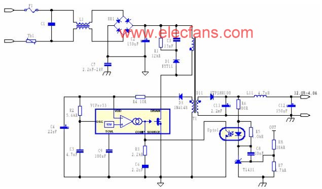 VIPer53設(shè)計(jì)的12V/3A 的副邊反饋的開(kāi)關(guān)電源電路