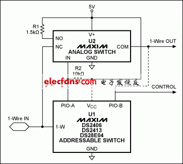 圖7. DS2409部分替代電路，U1可以選用DS2406、DS2413或DS28E04