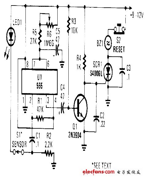 555構(gòu)成的警報器電路