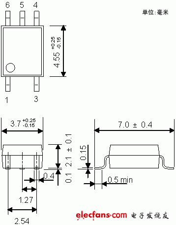 小型高速IGBT/MOSFET柵極驅(qū)動耦合器輪廓說明圖: TLP155E.