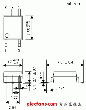 保證在125度條件下運(yùn)行的3.3V/5V驅(qū)動(dòng)高速邏輯IC耦合器輪廓說明圖: TLP2368.