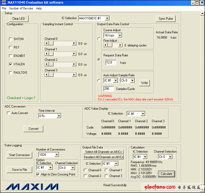 圖4. MAX11040EVKIT GUI允許用戶方便地設(shè)置各種測量條件：12.8ksps、256采樣點/周期和1024次轉(zhuǎn)換。此外，GUI的計算部分提供了一個進行快速工程運算的便捷工具。