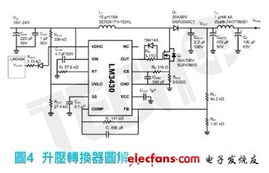 LM3430所執(zhí)行的升壓轉(zhuǎn)換器圖解，以下是選擇主要元件細(xì)節(jié)的說明