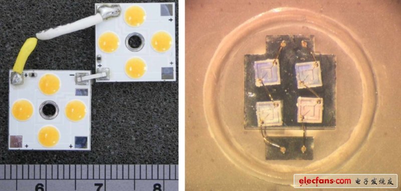 四個LEDs，每個尺寸約為0.5mm x 0.5mm x 0.1mm，封裝在LED凸圓底下