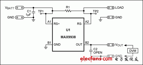 圖4. MAX9938EV標(biāo)準(zhǔn)分流器為50mΩ、4端電阻(R1)。利用6個(gè)100mΩ電阻并聯(lián)R1，得到12.5mΩ檢流電阻。
