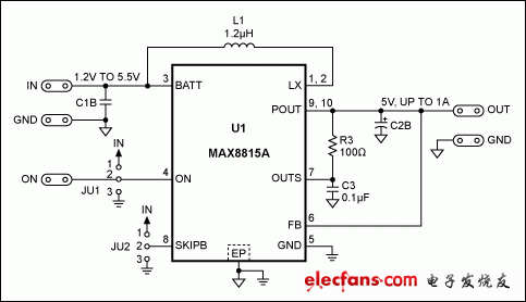 圖2. MAX8815AEVKIT提供所需的5V輸出，無需更改電路