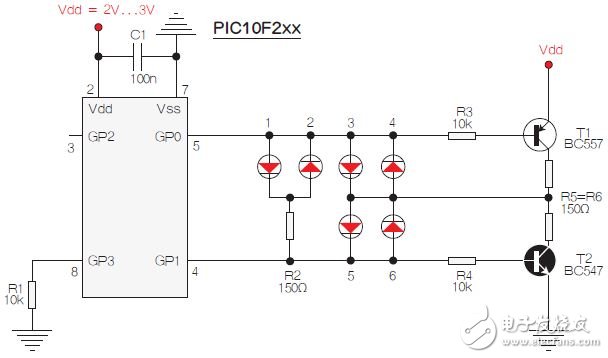 兩個PIC引腳驅(qū)動LED燈應用電路設計圖
