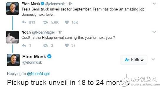 當(dāng)?shù)貢r間本周四，特斯拉CEO馬斯克（Elon Musk）通過個人Twitter賬號相繼宣布，今年9月特斯拉將發(fā)布半掛式卡車，將在18到24個月內(nèi)發(fā)布皮卡。這意味著，在今年7月平價電動汽車Modle 3投產(chǎn)兩個月后，特斯拉家族又會增加新成員。