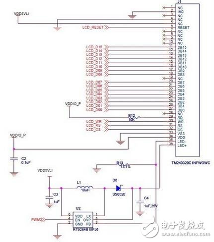 RT9284B15PJ6芯片是一個高效高度集成的LED驅動器，相當于一個LED開關。LCD背光燈電路原理圖 如圖一，LCD背光燈連接到RT9284B15PJ6芯片的兩個引腳，而芯片的其中一個引腳連接到PWM。我們主要通過PWM的相關寄存器來產生不同效果的波形 從而間接控制背光燈的亮度，所以下面我們會主要介紹下PWM。